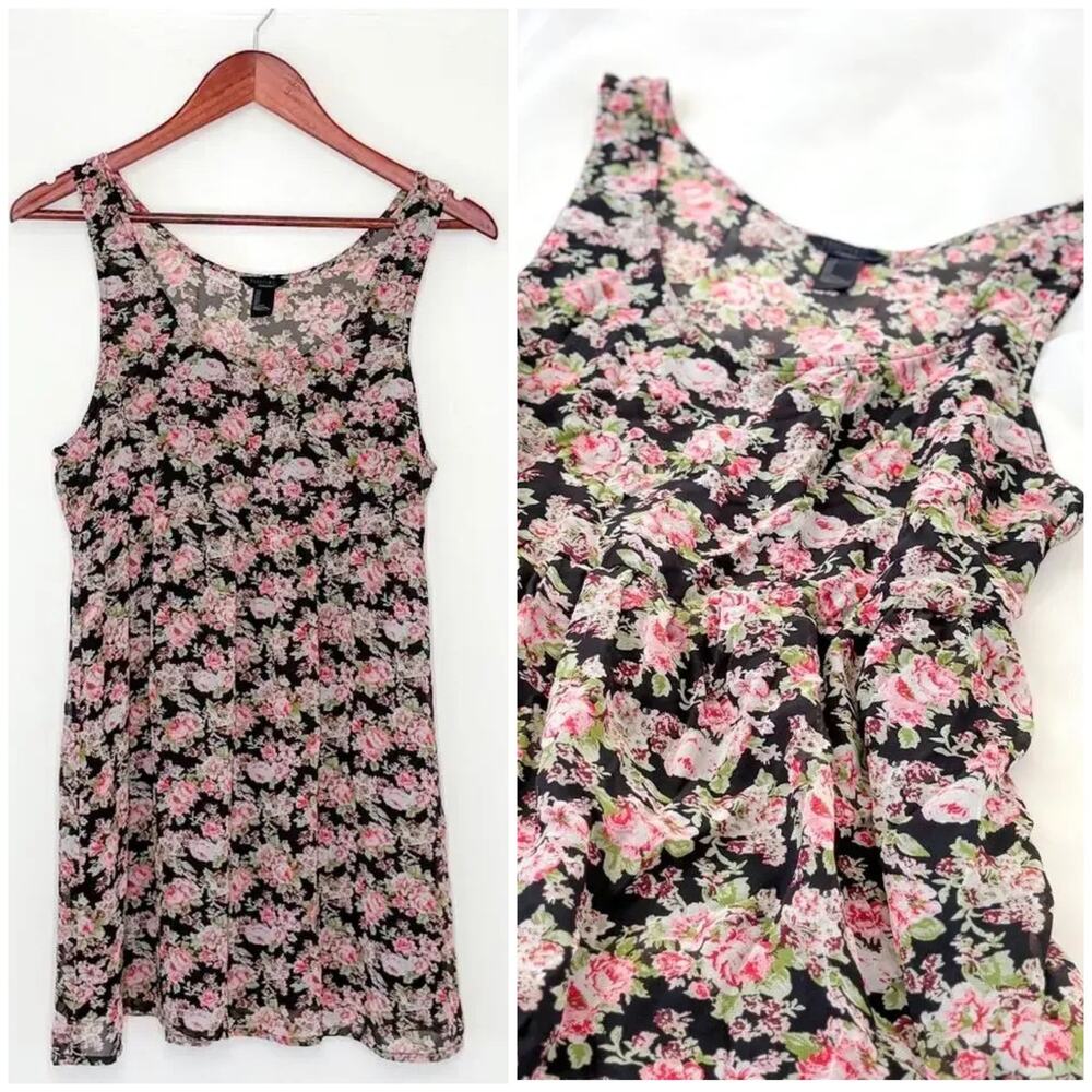 Forever 21 Babydoll Tunic Mini Dress Sz M Floral Pink Black Summer Beach Boho